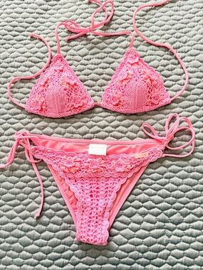 Pink Crochet Floral Two-Piece Bikini